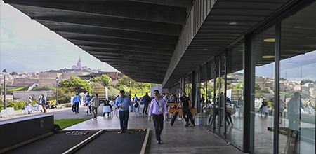 People walking in front of living room windows