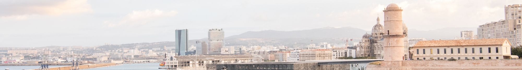 Vue panoramique de Marseille avec des bâtiments modernes et historiques près du port.